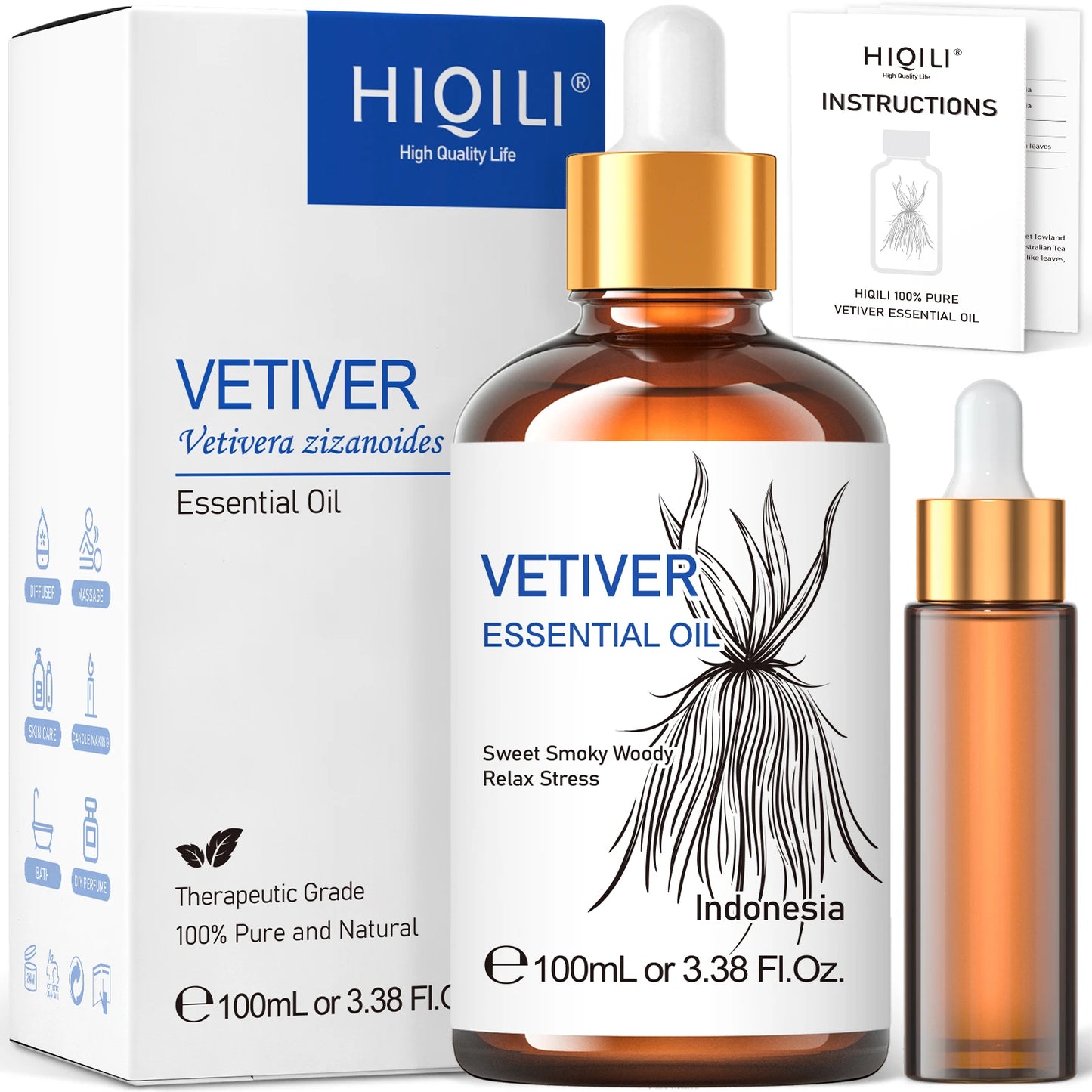 HIQILI 100ML Vetiver Essential Oils,100% Pure Nature for Aromatherapy, Diffuser, Humidifier,Massage, Relieving Stress, Hair Care - Louie's Joint 