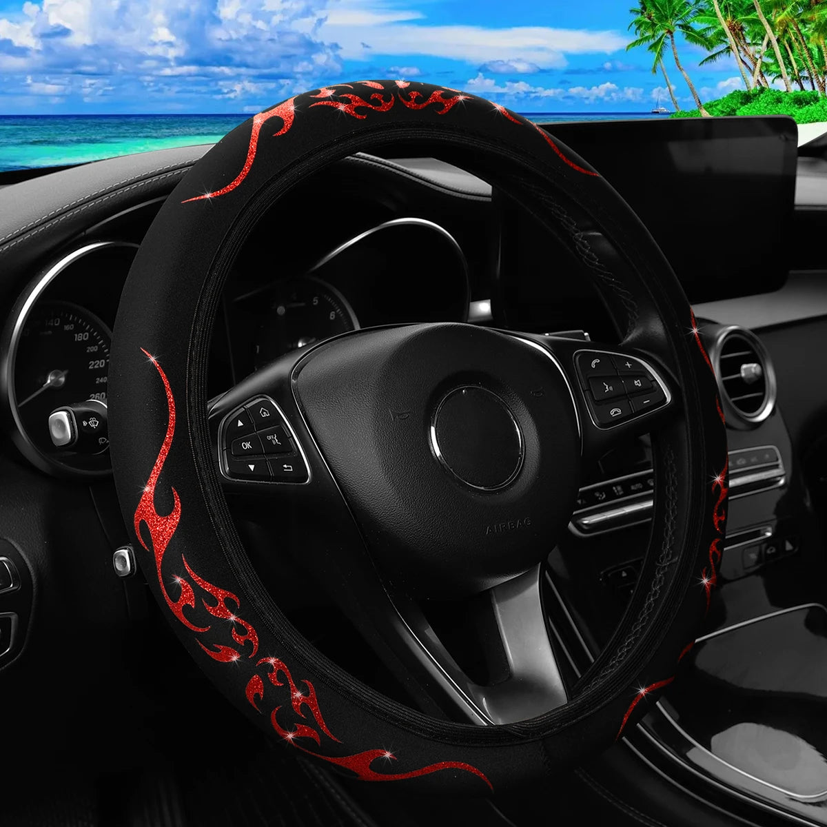 A Blingbling Flame Totem dynamic fabric car without inner ring steering wheel cover fits 14.5-15 inch automotive supplies - Louie's Joint 