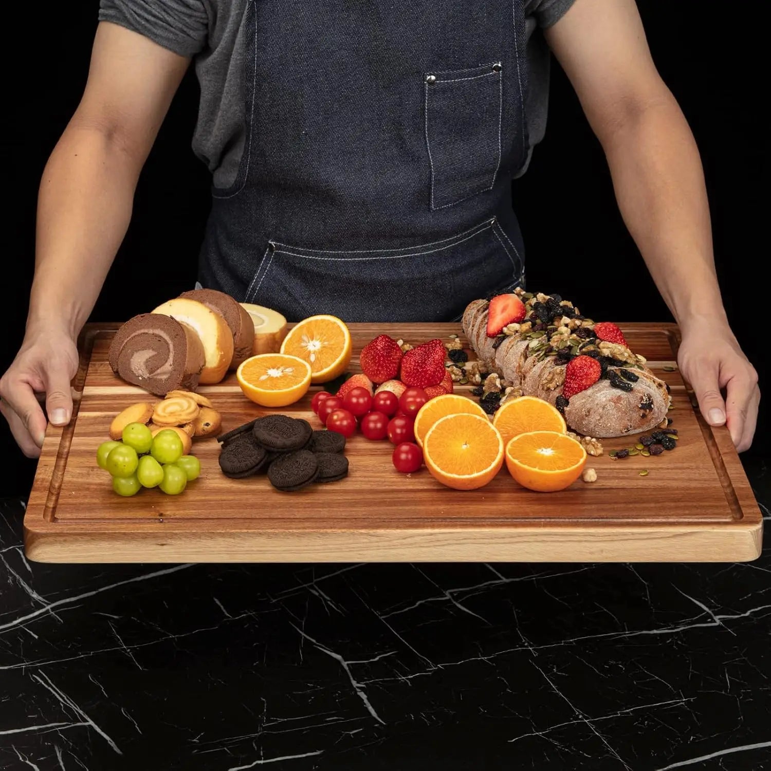 Extra Large Acacia Wood Cutting Board Thick Butcher Block Chopping Board with Side Handles for Meat Vegetables Fruit - Louie's Joint 