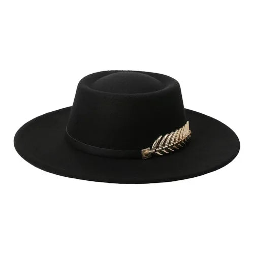 Womens Elegant Felt Cloche Flat Brim Hat with Metallic Fishbone Embellished Band - Louie's Joint 