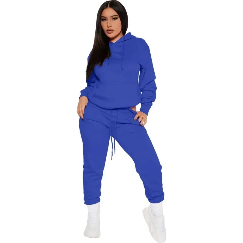 Winter Women Tracksuit Two Piece Set With Hooded Sweatshirt
