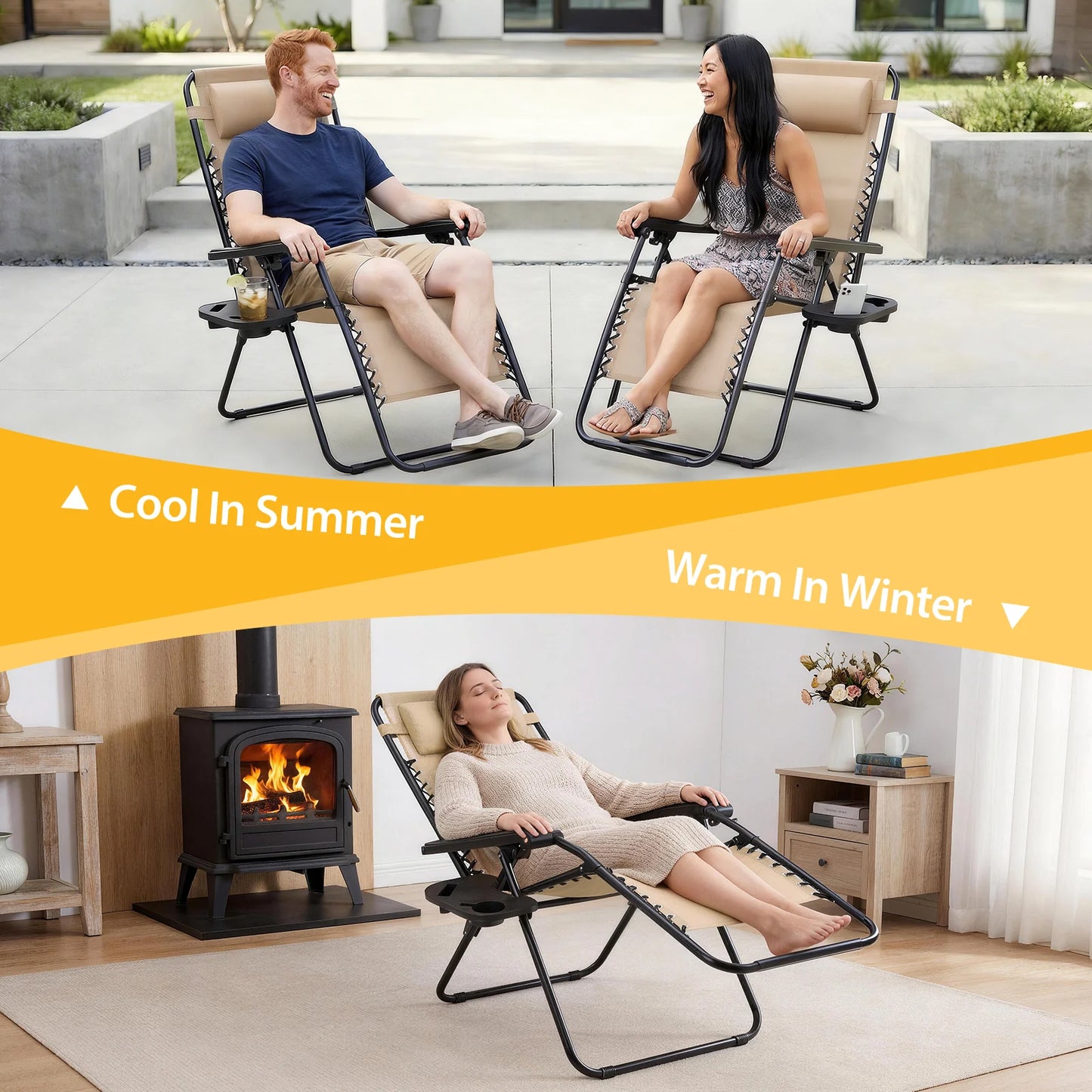 JHK Portable Zero Gravity Recliner Chairs Set of 2 Outdoor Garden Folding Lounge Chair with Cup Holder Trays Adjustable Pillow - Louie's Joint 
