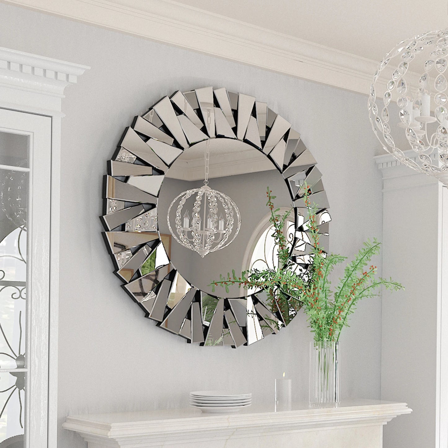 32" Wall Mirrors Decorative Round Sunburst Mirror for Wall Decor Modern Silver Glass Wall-Mounted Beveled Hanging Circle Accents - Louie's Joint 