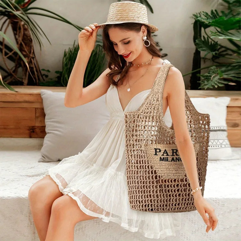 Summer Straw Beach Bag New Woven Bag Straw Mesh Tote Bag Foldable Large Capacity Womens Crossbody Shoulder Bag Purse for Holiday - Louie's Joint 