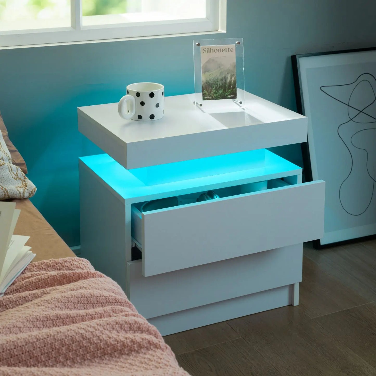 Cubehom Nightstand Pair With LED Drawers Bedside Tables