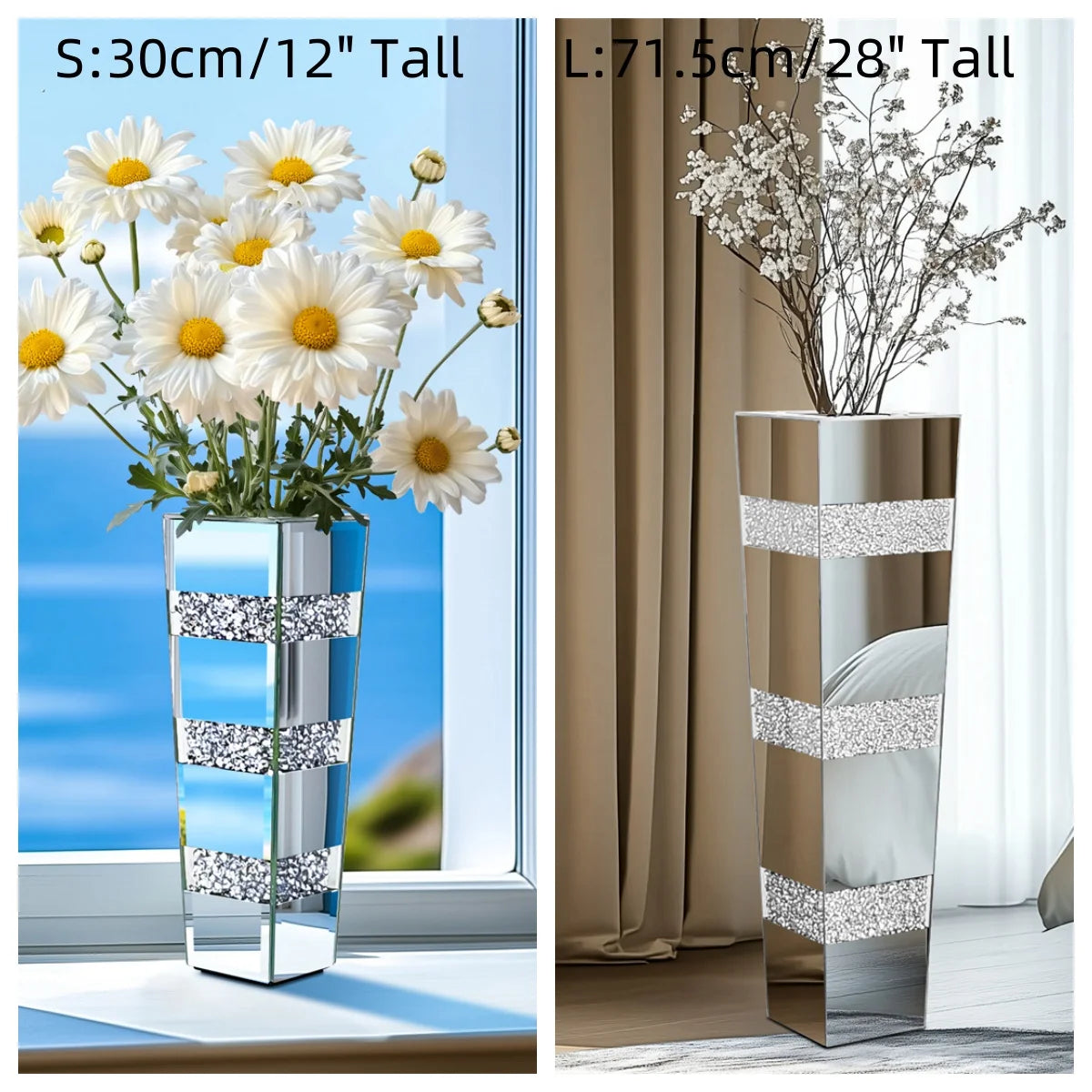 Modern Floor Vase Mirrored Silver Standing Flower Vase With Crystals