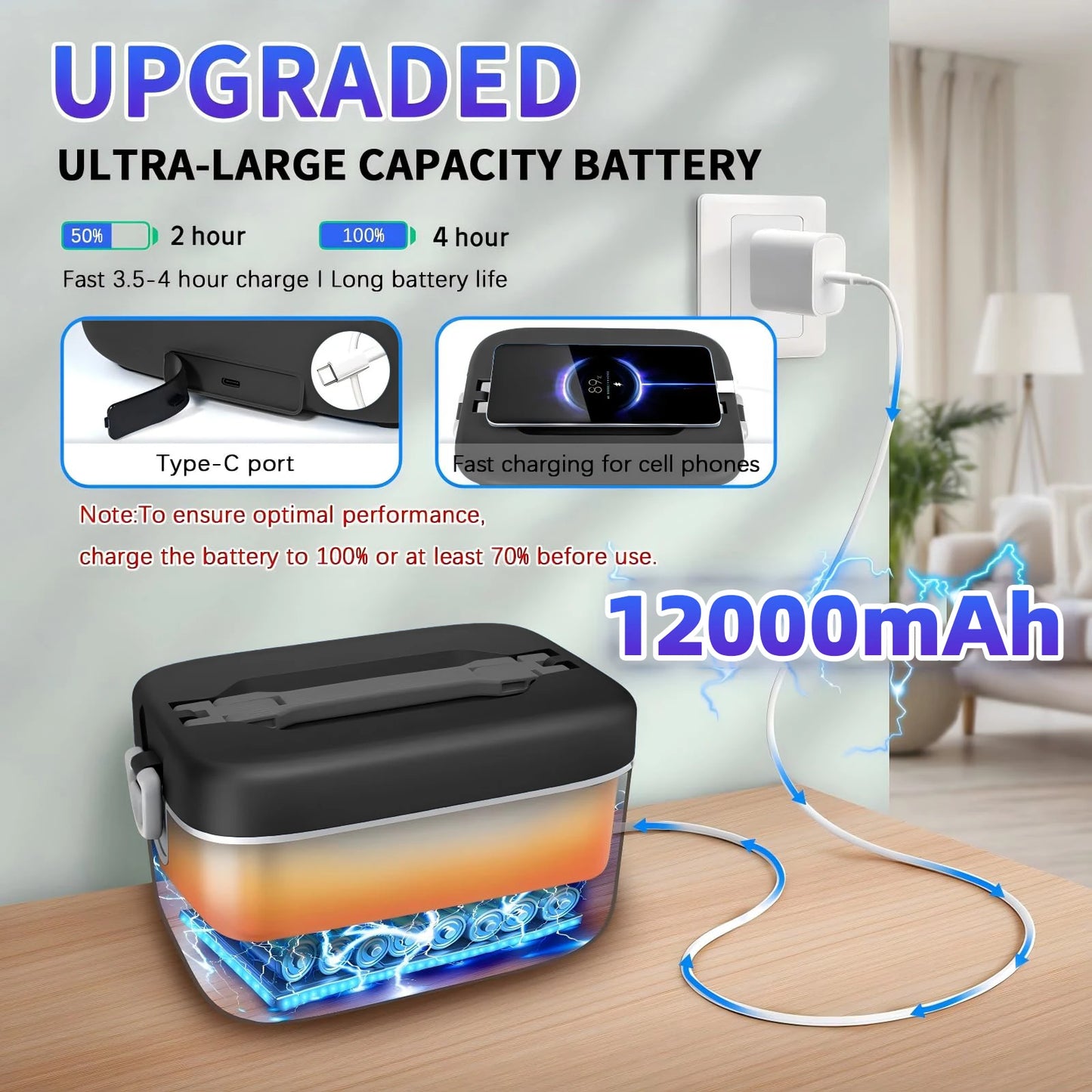 12000mAh Wireless Lunch Box With Five Sided Heating Temperature Control