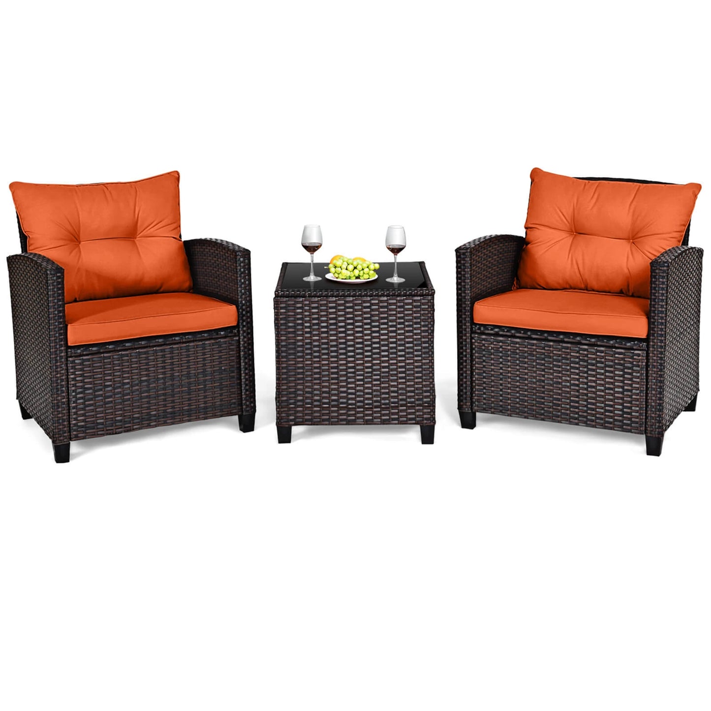 3 PCS Patio Rattan Furniture Set Cushioned Conversation Set Sofa Orange - Louie's Joint 