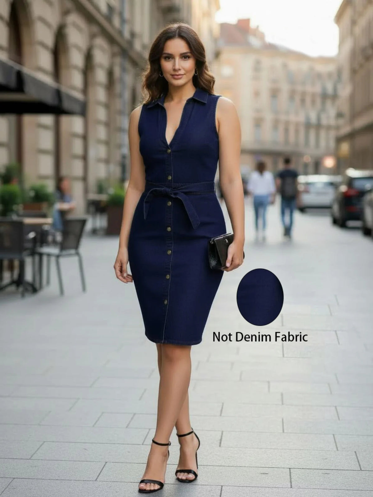 Women's Lapel Collar Sleeveless Midi Dress Front Button Down Bodycon Knee Length Slim Fit Elegant Ladies Dress