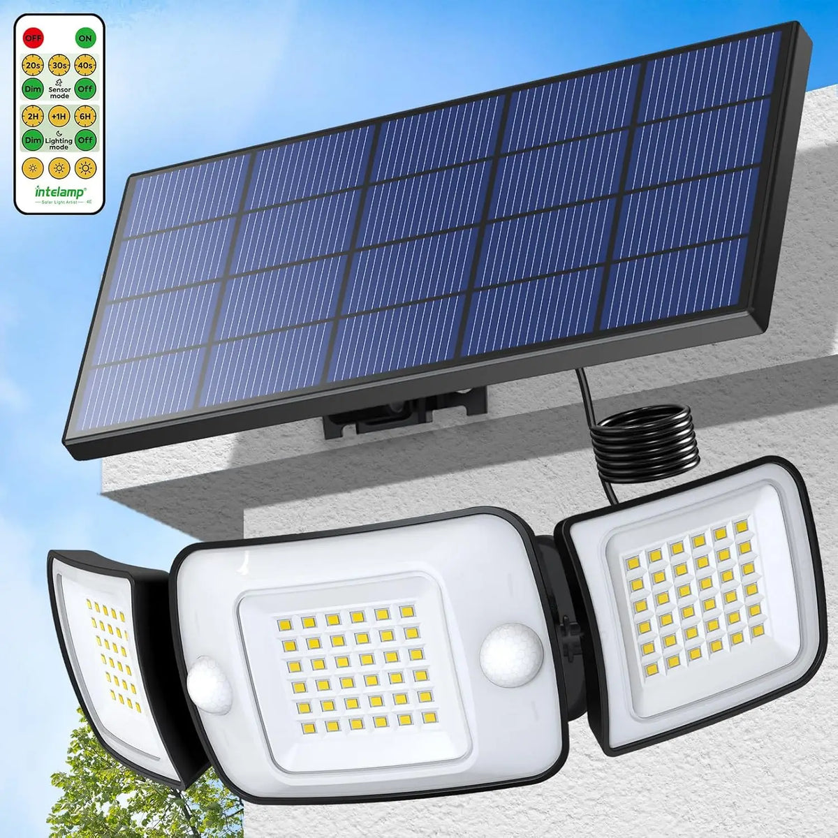 Intelamp Long Battery Life 6000mAh Outdoor Solar LED Light With Large Solar Panel Two Sensors 2.7M Cable For Garage Garden Yard