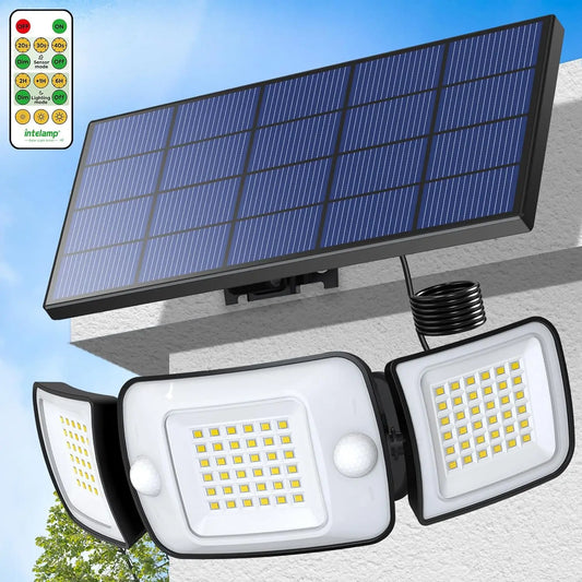 Intelamp Long Battery Life 6000mAh Outdoor Solar LED Light With Large Solar Panel Two Sensors 2.7M Cable For Garage Garden Yard