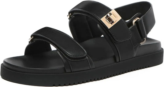 Women's Leather Flat Sandals With Adjustable Double Strap Comfort Footbed