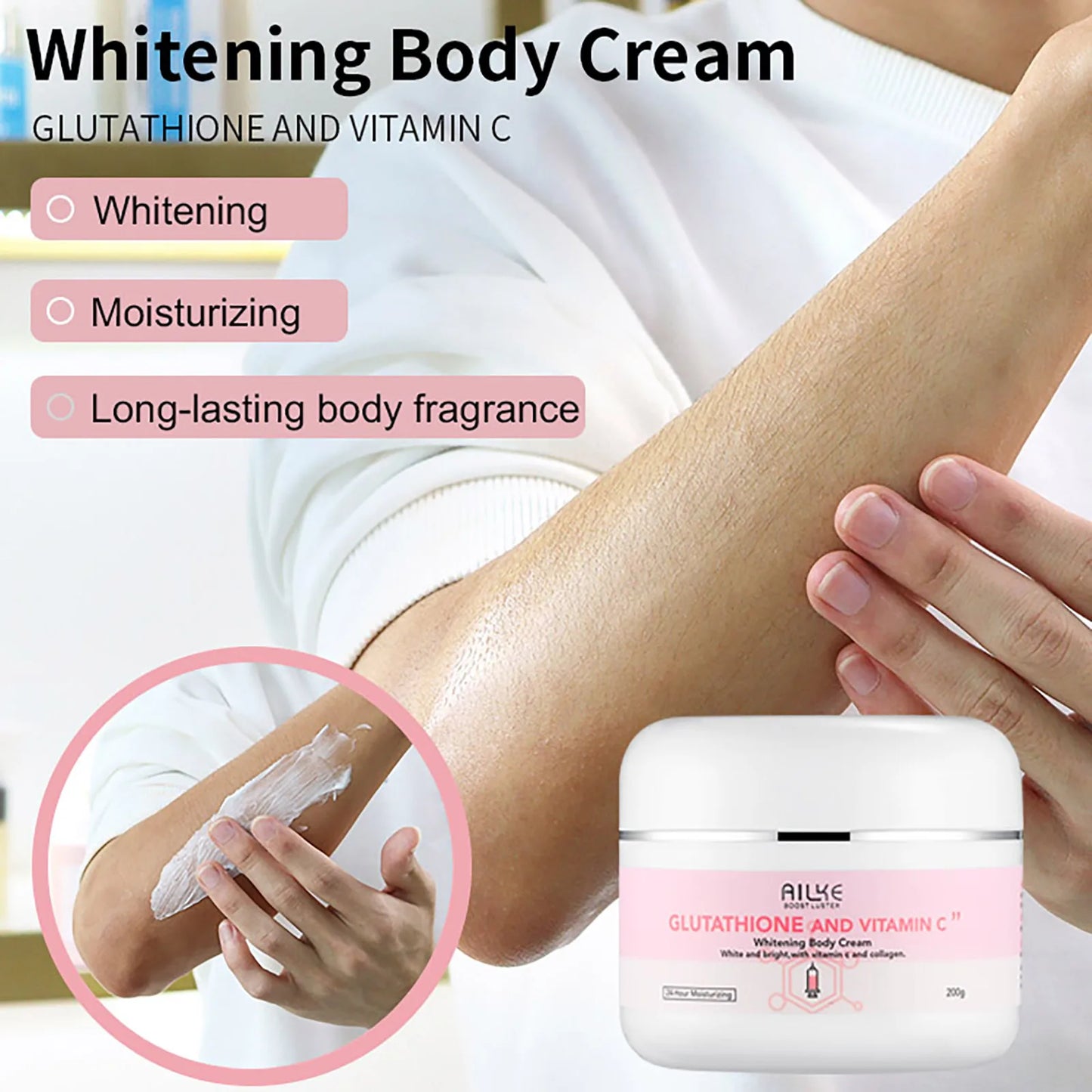 AILKE Glutathione and Vitamin C Whitening Body Cream For All Skin Types, Moisturizing, Reduce Freckles, Dark Spots, 200 ml - Louie's Joint 
