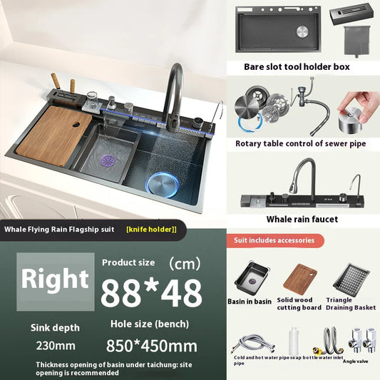 Various Waterfall Kitchen Sink Stainless Steel Multifunctional Large Single Slot Digital Display Sinks
