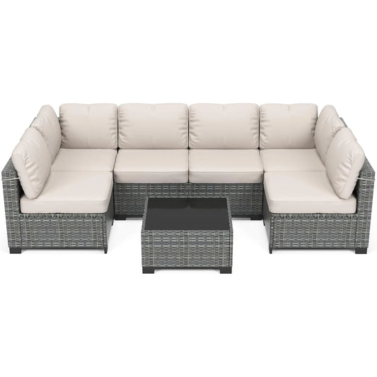 7-Piece Modular Outdoor Furniture Set, PE Rattan Wicker Sectional Modular Conversation Sofa Set, Perfect For Garden Balcony - Louie's Joint 
