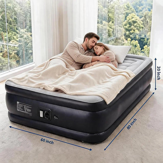 20in Raised Air Mattress Twin/Queen With Built-in Pump, Inflatable Bed For Guests, Vertical Coil Support, Leakproof PVC, Travel