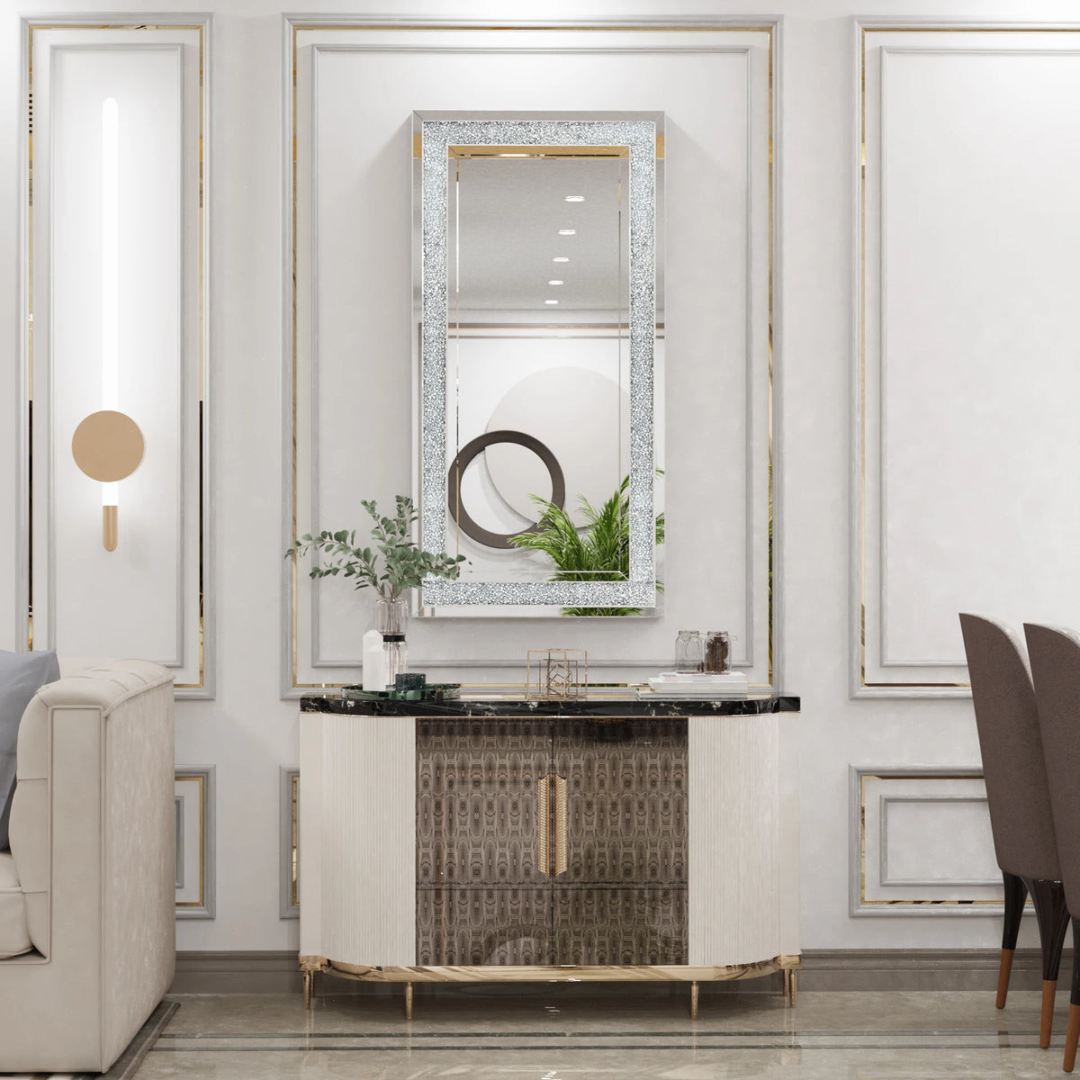 48' X 24' Crush Diamond Wall Mirror Large Decorative Glam Silver Vanity with Beveled Glass Sparkly Crystal Frame Edge