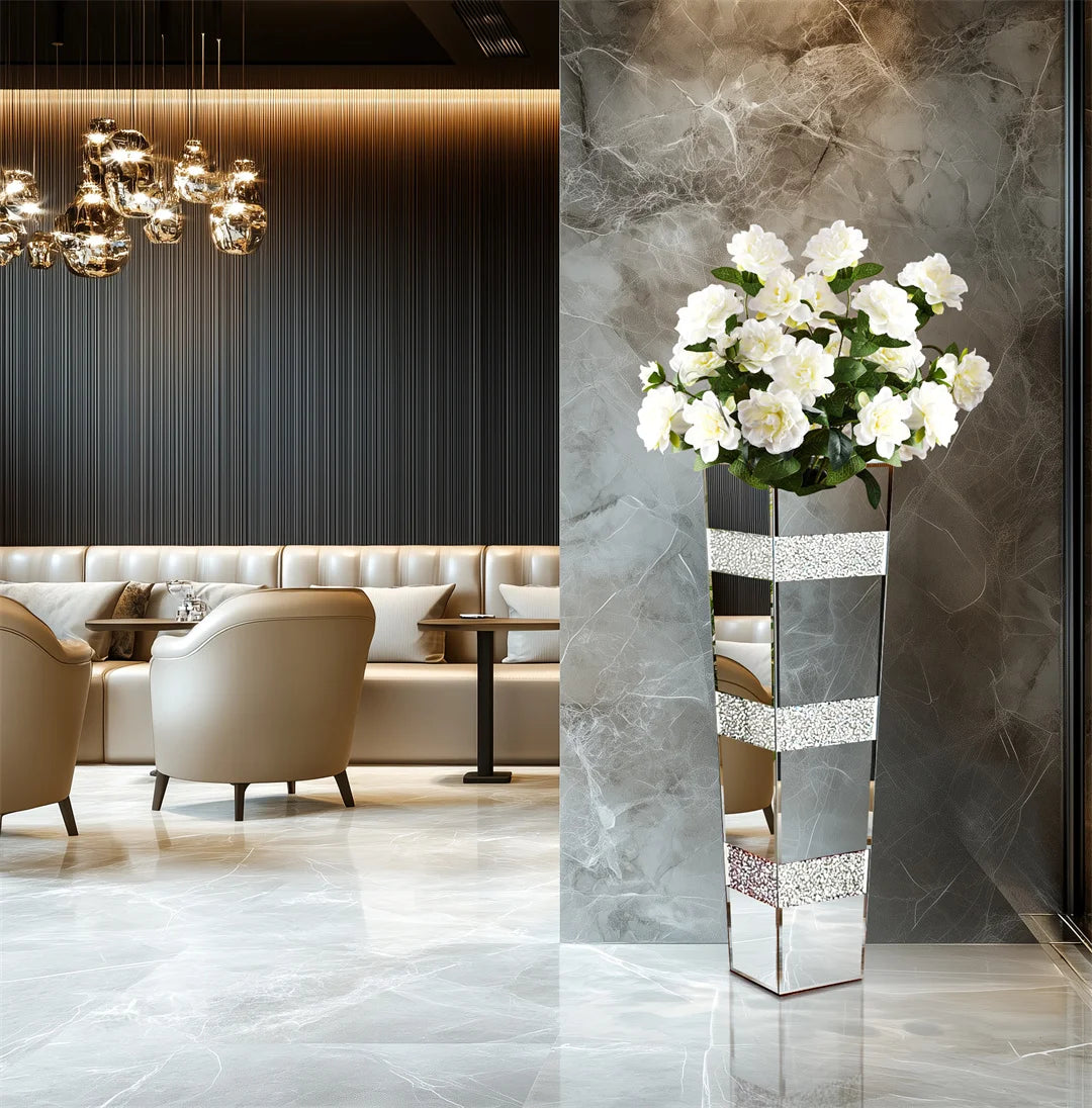 Modern Floor Vase Mirrored Silver Standing Flower Vase With Crystals