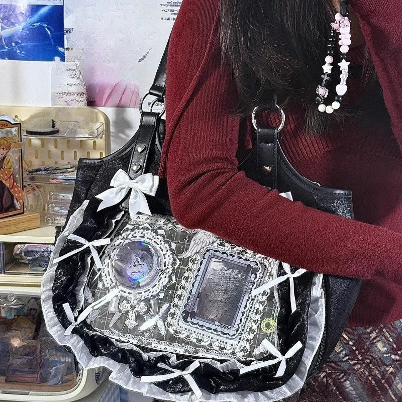 Luxury Design Ruffled Lolita Women Handbags Punk Gothic Bow Underarm Bag Transparent Sweet Lace Shoulder Ita Bags Y2k Aesthetic - Louie's Joint 