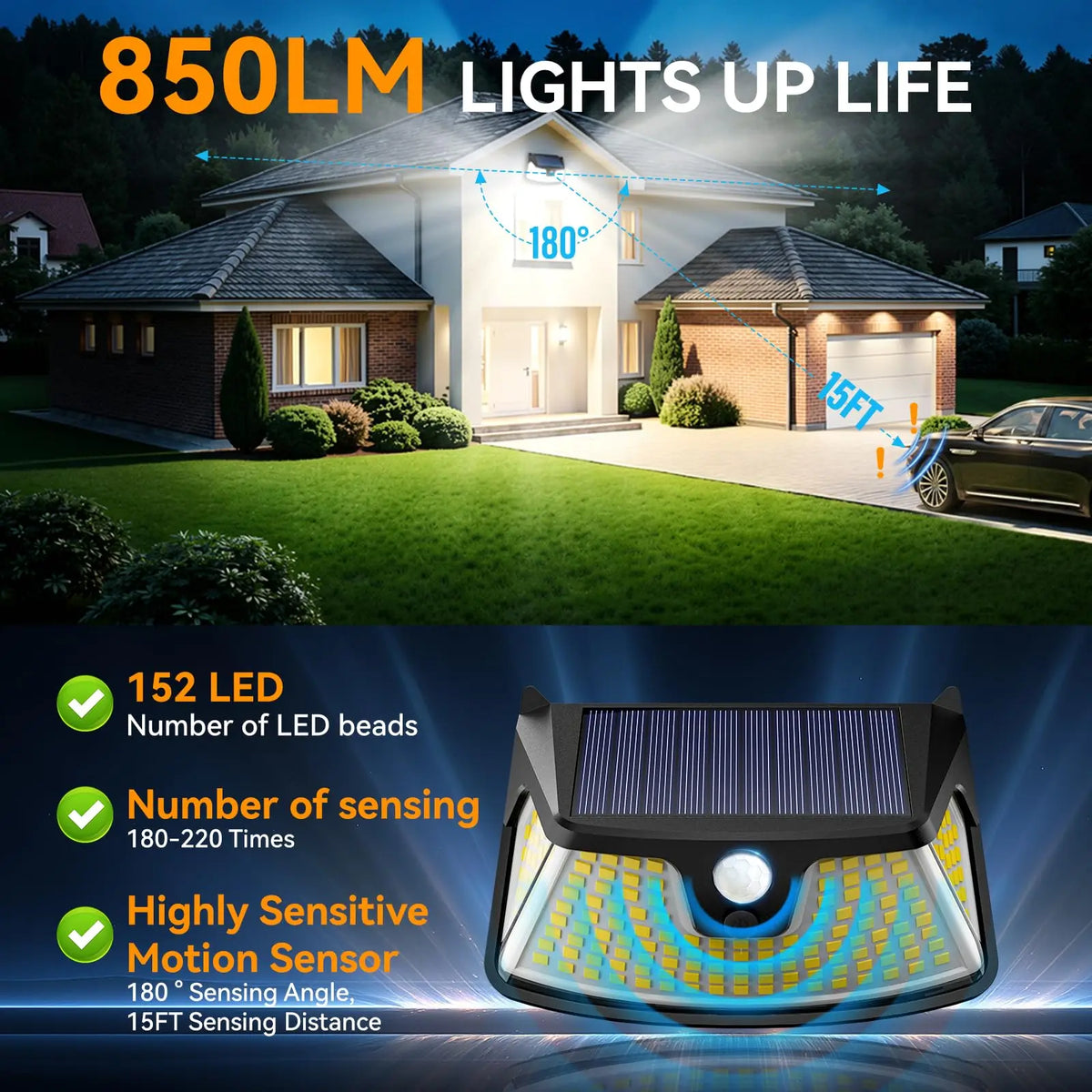 152LED Solar Motion Light Outdoor, 850LM Super Bright 3-Mode Motion Sensor Light, IP65 Waterproof, 270° Wide-Angle Security Light, Solar Powered Flood Lamp for Garden, Wall, Fence, and Garage (4 Pack)