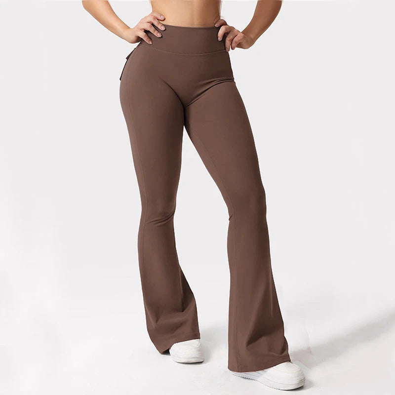 Women Yoga Flare Trousers High Waist Wide Leg With Pockets