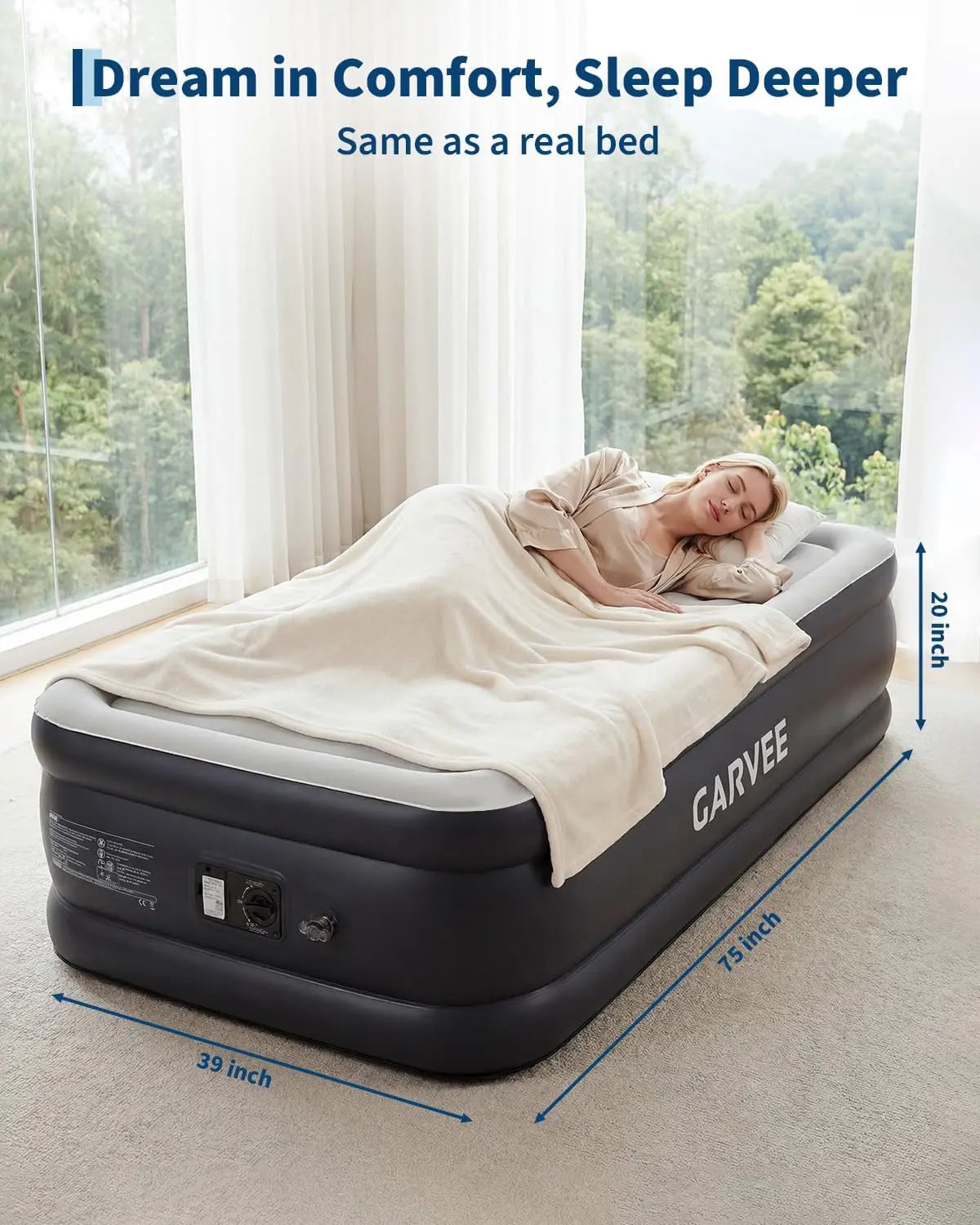 20in Raised Air Mattress Twin/Queen With Built-in Pump, Inflatable Bed For Guests, Vertical Coil Support, Leakproof PVC, Travel