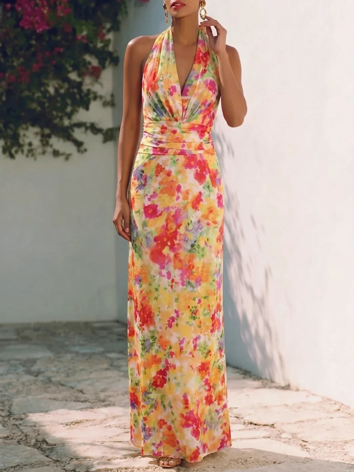 Women's Halter V Neck Sleeveless Maxi Dress Floral Watercolor Print Ruched Waist Bodycon Fit Side Split Long Ladies Dress