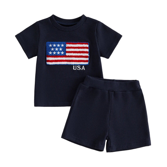 Infant Boy 4th Of July American Flag Embroidered Shirt Set