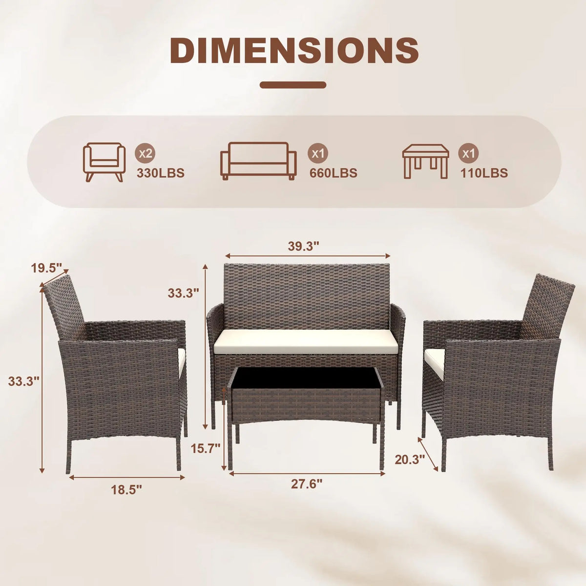 4 Piece Patio Furniture Set, Outdoor Rattan Bistro Set With Cushioned Sofa, 2 Chairs, Glass Table For Porch Backyard