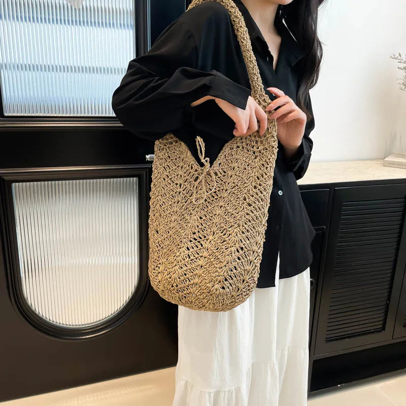 Women Straw Woven Shoulder Bag Handwoven Beach Tote Purse
