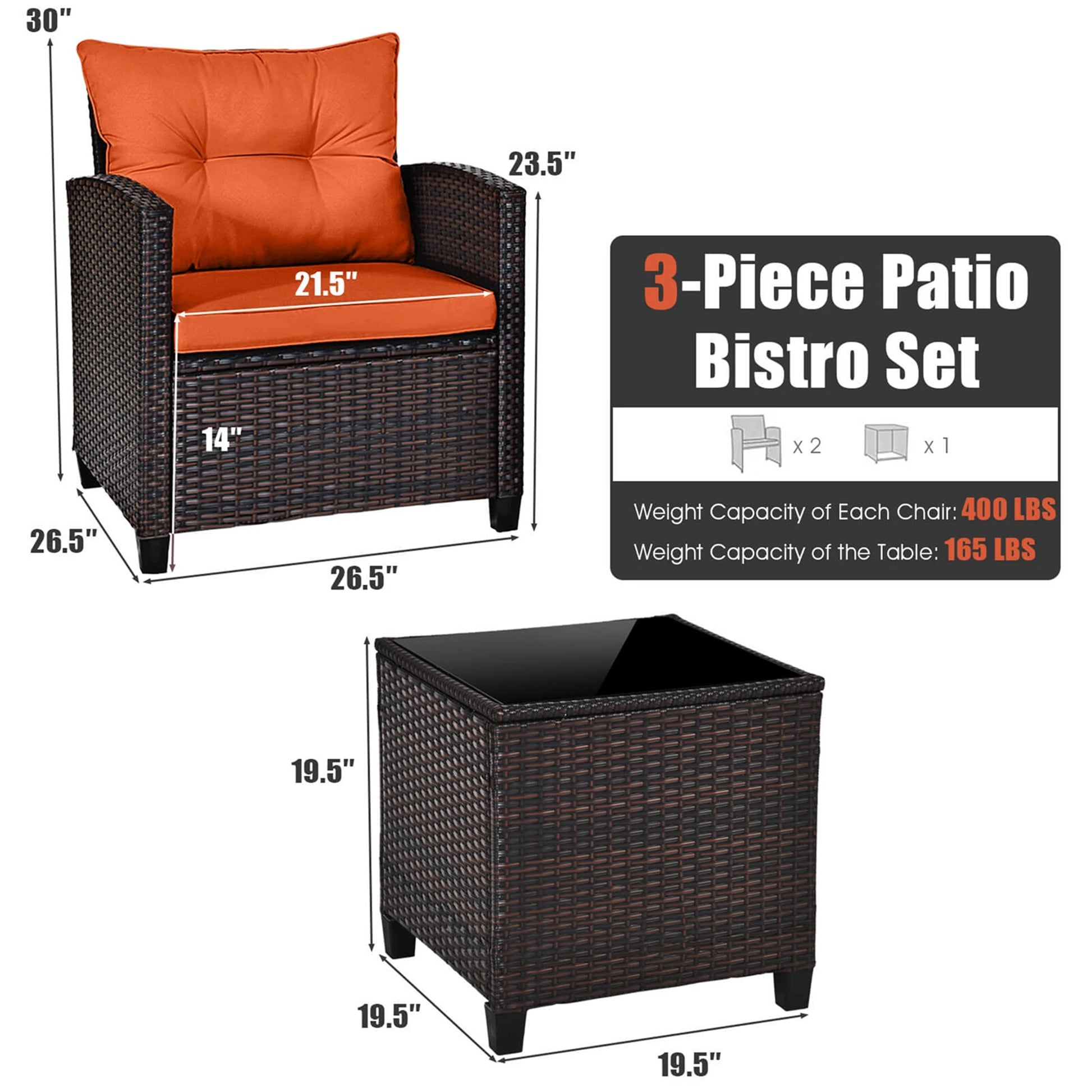 3 PCS Patio Rattan Furniture Set Cushioned Conversation Set Sofa Orange - Louie's Joint 