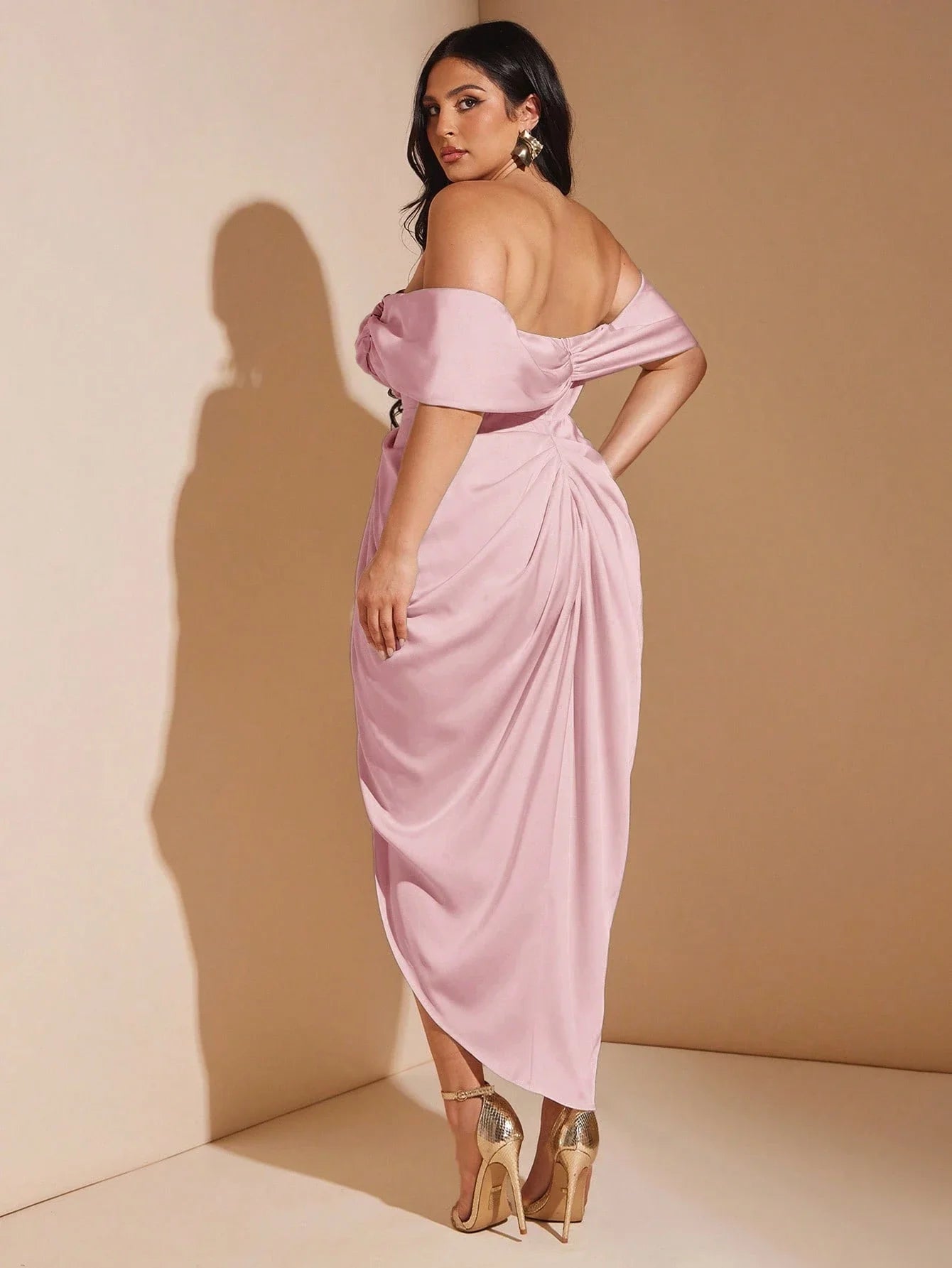 Elegant Off Shoulder Draped Satin Midi Dress For Wedding Bridesmaid