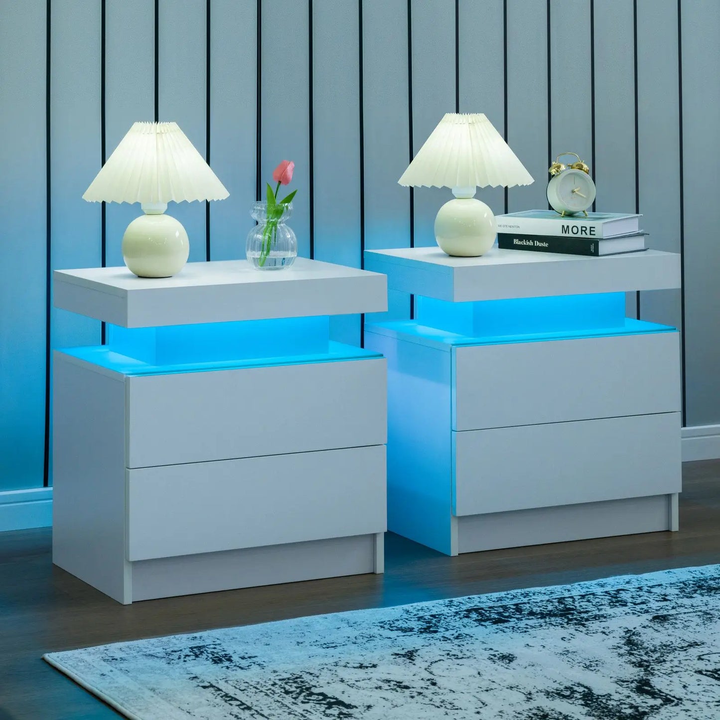 Cubehom Nightstand Pair With LED Drawers Bedside Tables