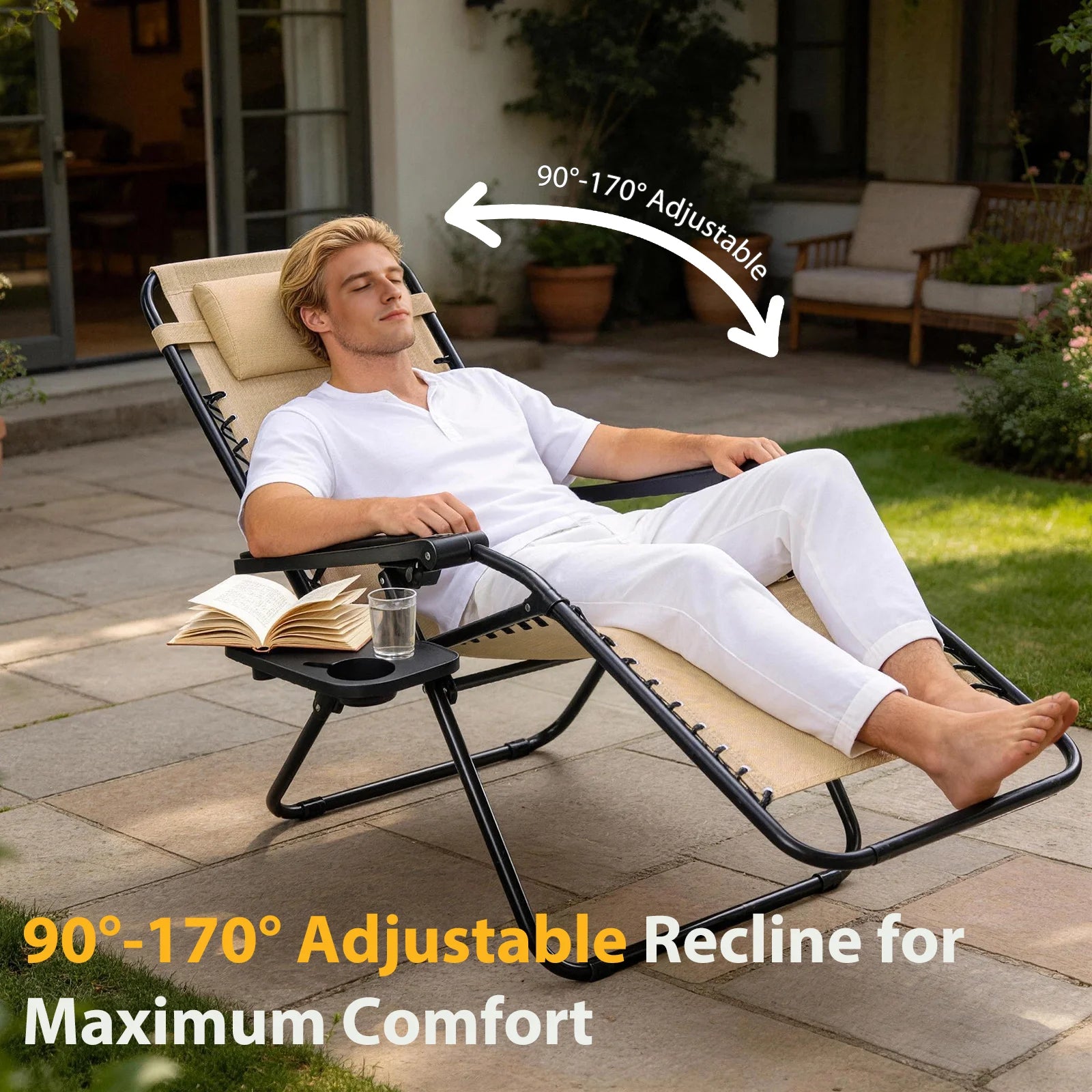 JHK Portable Zero Gravity Recliner Chairs Set of 2 Outdoor Garden Folding Lounge Chair with Cup Holder Trays Adjustable Pillow - Louie's Joint 