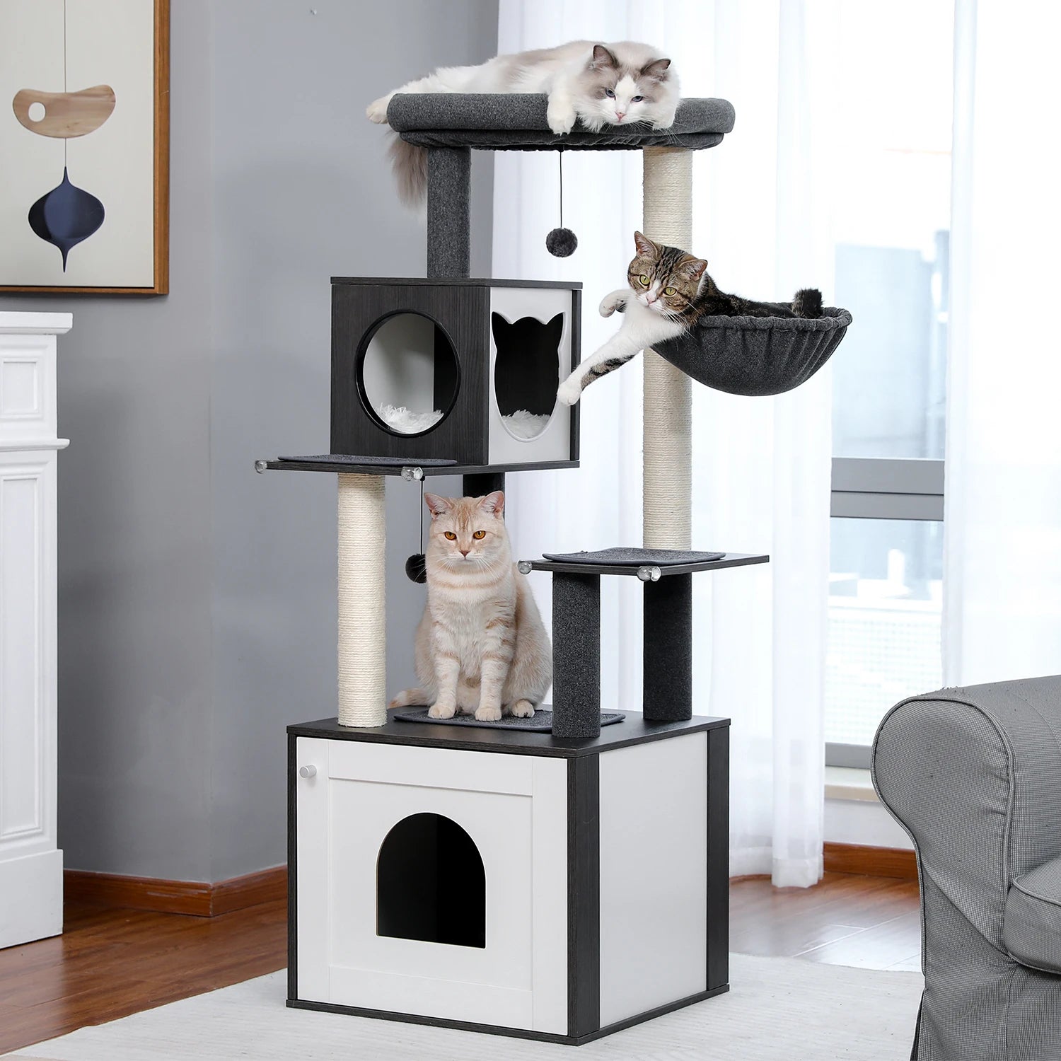 Multi-Level Cat Tree for Indoor Wood Cat Tower with Scratching Posts Spacious Condo Hammock Top Perch Cat Scratcher Cat Toys - Louie's Joint 