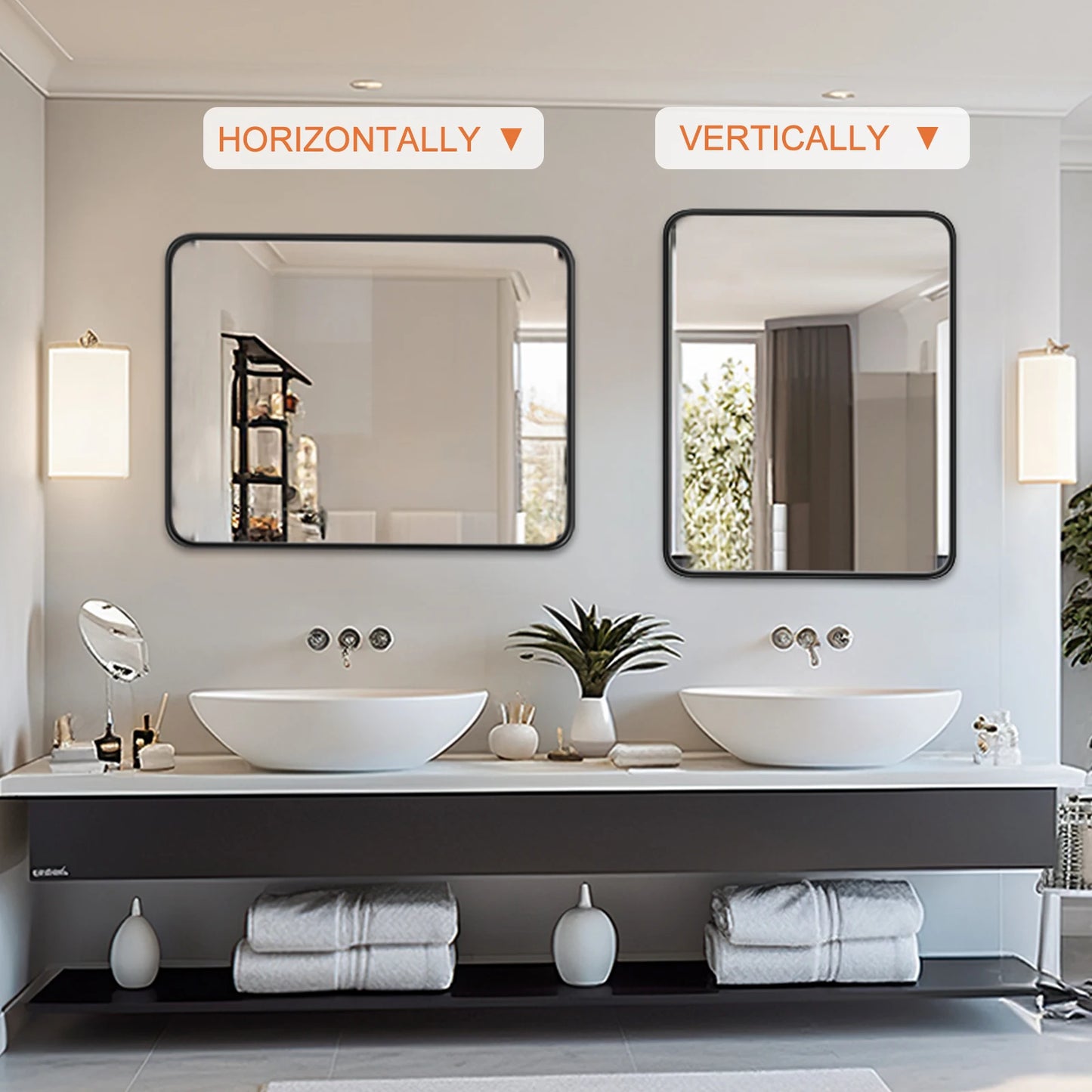 JHK Matte Metal Framed Bathroom Mirror for Wall,Vanity Rectangle Rounded Corner Tempered Glass Mirror,Clear Reflection,Modern