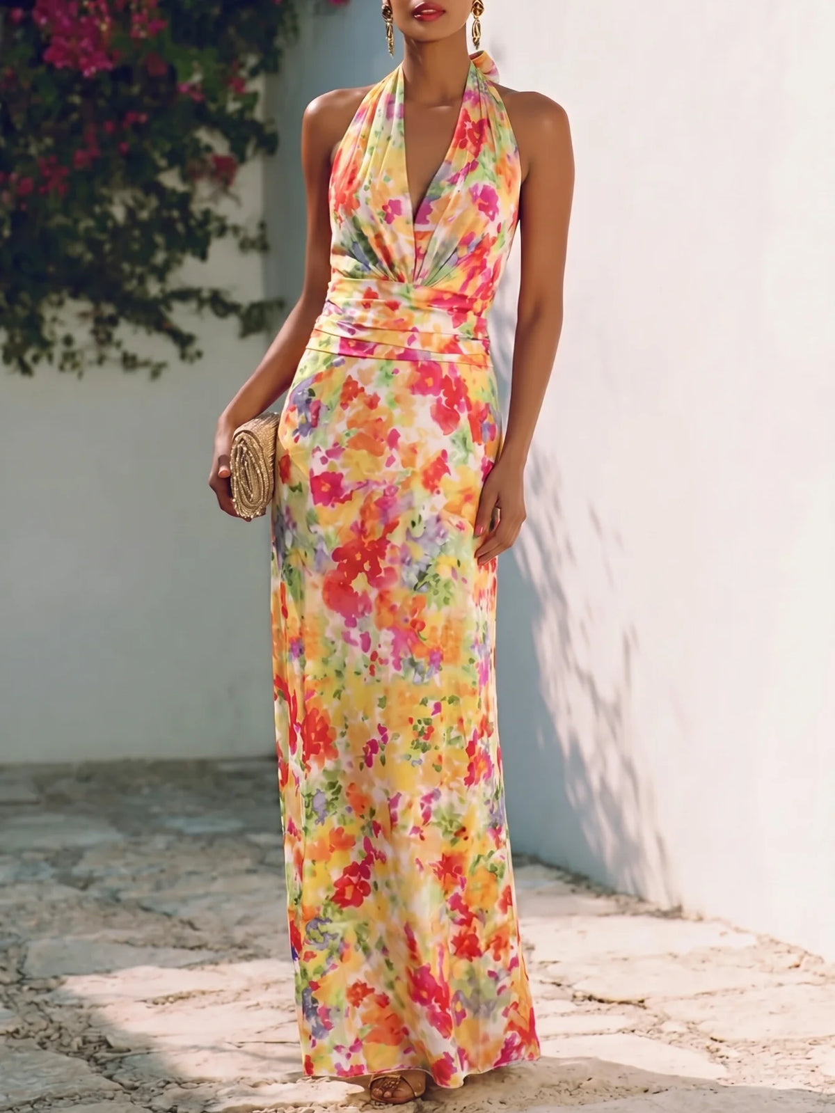 Women's Halter V Neck Sleeveless Maxi Dress Floral Watercolor Print Ruched Waist Bodycon Fit Side Split Long Ladies Dress