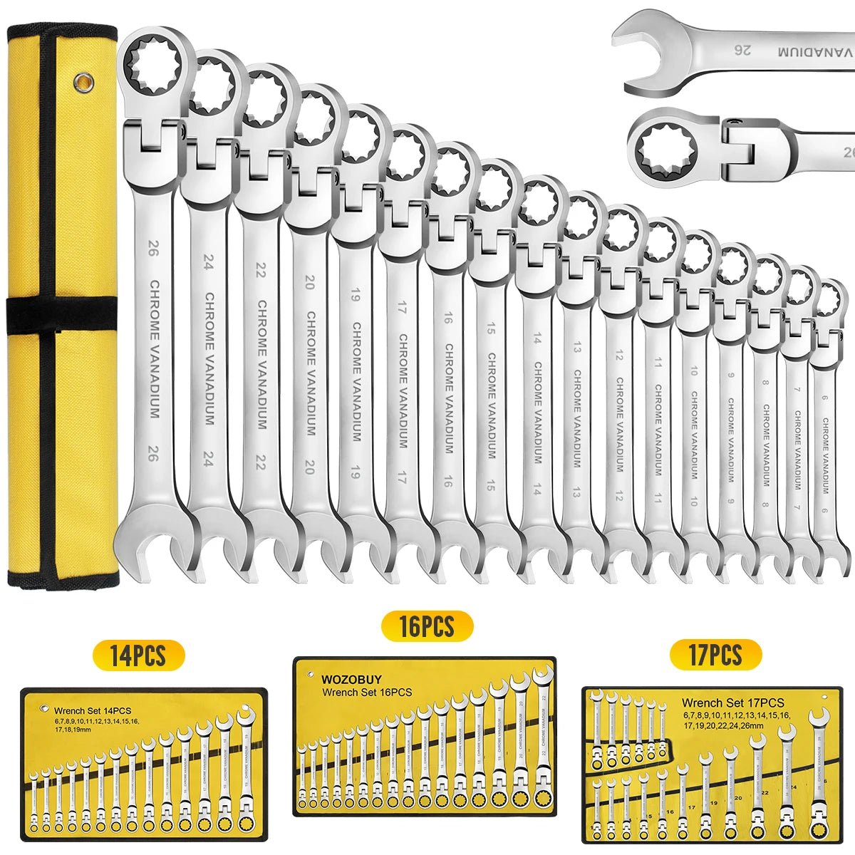 WOZOBUY Flex-Head Ratchet Wrench Set 72 Teeth Cr-V Steel