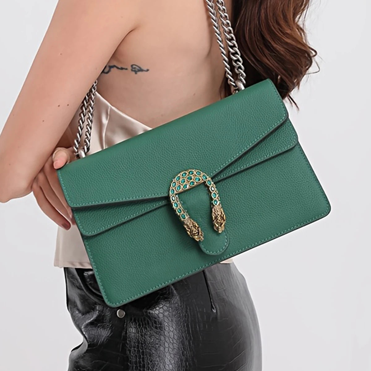 Genuine Leather Crossbody Bag For Women With Chain Strap