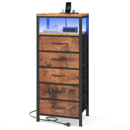 JHK 5 Fabric Drawers Dresser For Bedroom Nightstand with Charging Station and Outlets Adjustable Feet and Variable Light Strip