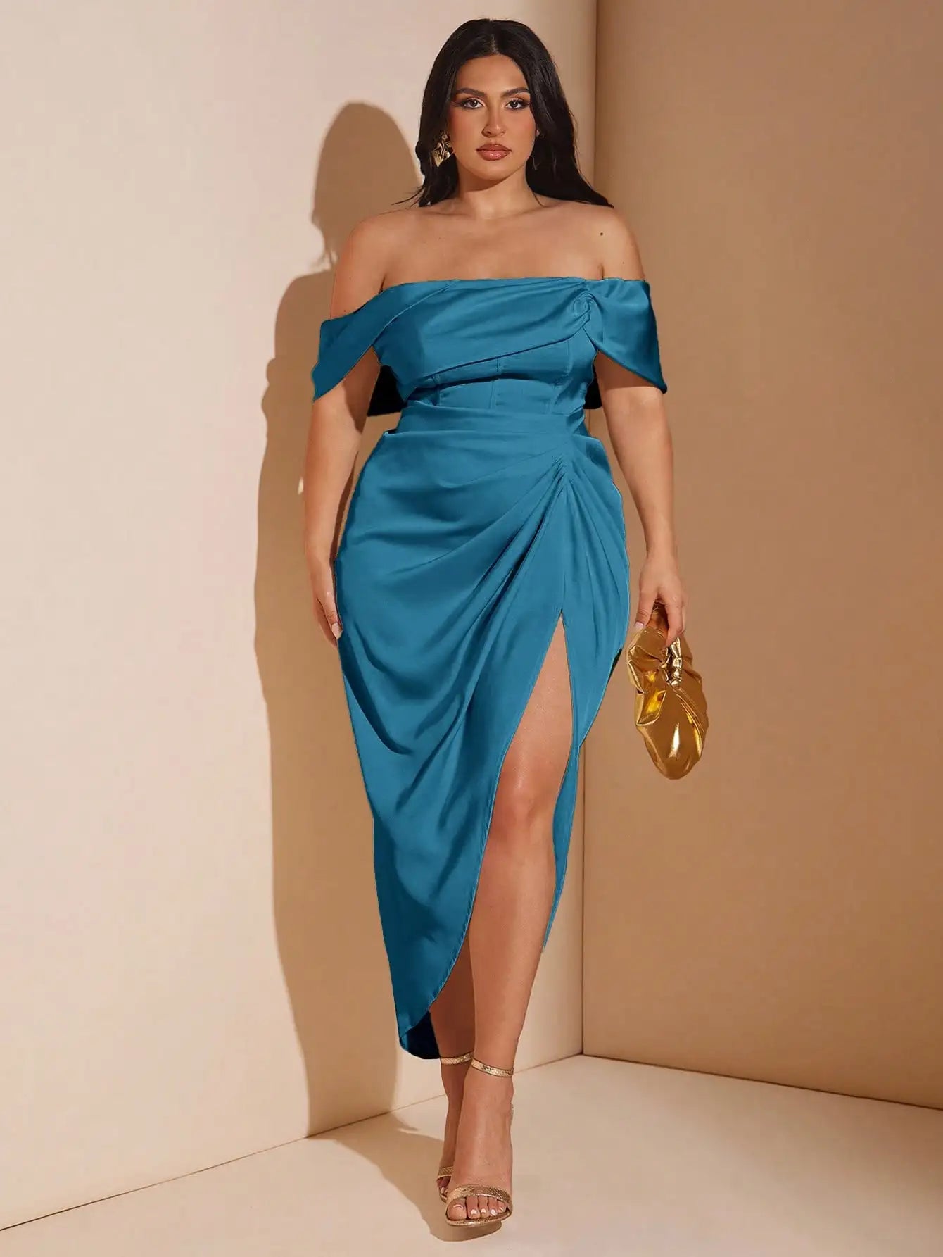 Elegant Off Shoulder Draped Satin Midi Dress For Wedding Bridesmaid