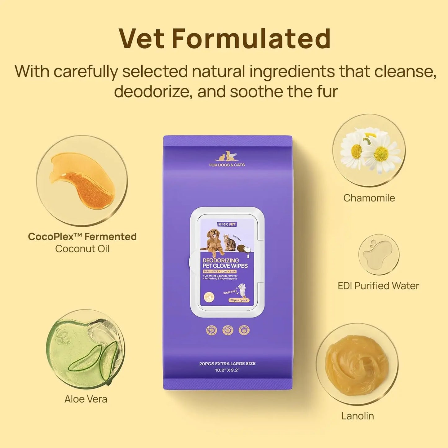 Pet Grooming Wipes For Dogs And Cats, Hypoallergenic Coconut Scent, 20 Count