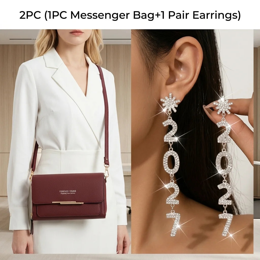 1 Pair Earrings or 2PC(1PC Messenger Bag+1 Pair Earrings )Women's Small Shoulder Crossbody Bag and Elegant Rhinestone 2027 Long Drop Earrings, Mobile Phone Card Wallet Bag,Casual Handbag for Party Birthday,Daily Use Holiday G