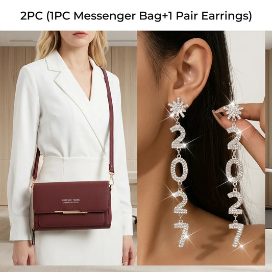 1 Pair Earrings or 2PC(1PC Messenger Bag+1 Pair Earrings )Women's Small Shoulder Crossbody Bag and Elegant Rhinestone 2027 Long Drop Earrings, Mobile Phone Card Wallet Bag,Casual Handbag for Party Birthday,Daily Use Holiday G