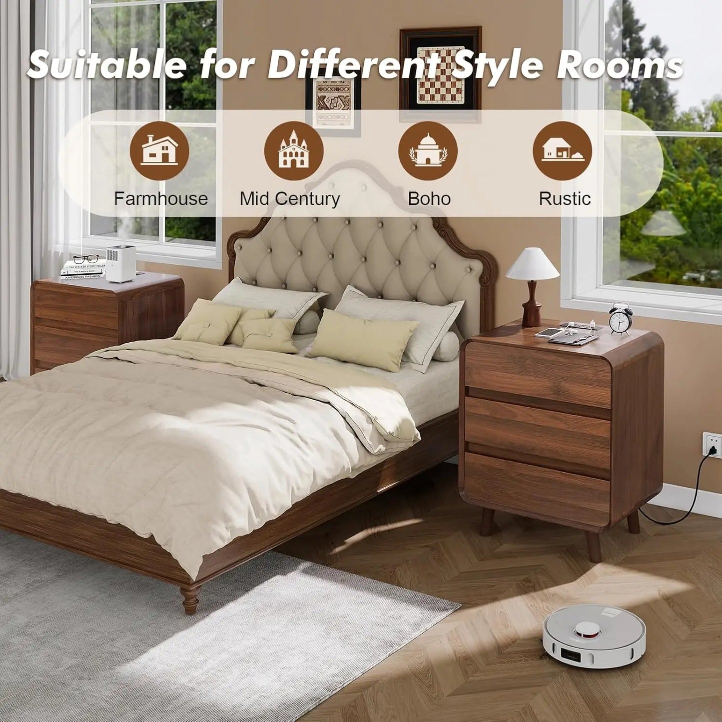 Three-Drawer Tall Nightstands Set Of Two With Charging Station