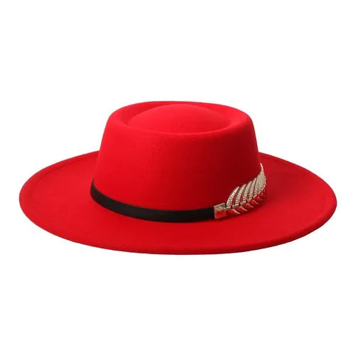 Womens Elegant Felt Cloche Flat Brim Hat with Metallic Fishbone Embellished Band - Louie's Joint 