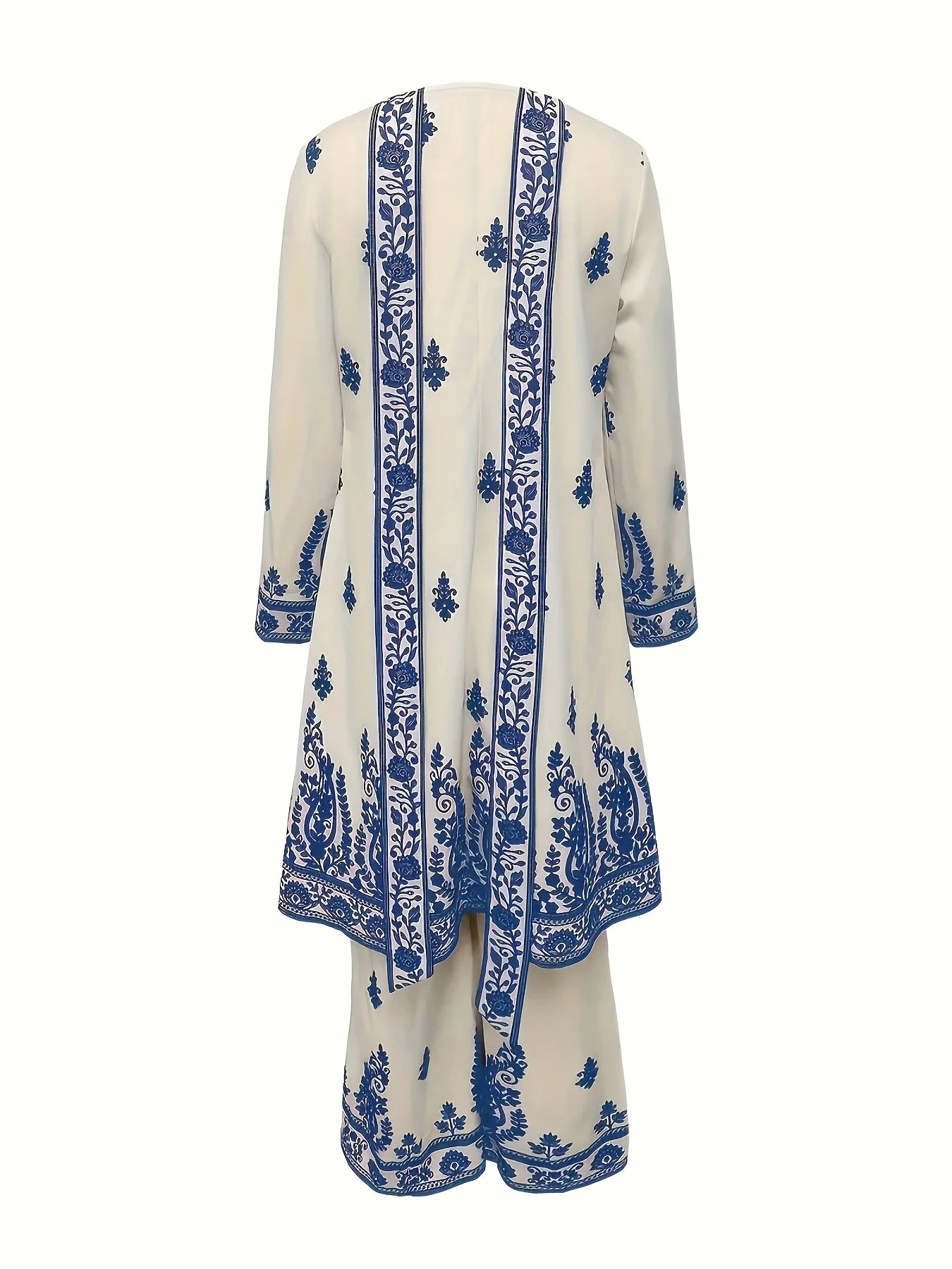 Plus Size Women's Off-White and Black Printed Three-Piece Set Ethnic Style Crew Neck Long Top Wide-Leg Pants and Headscarf Set