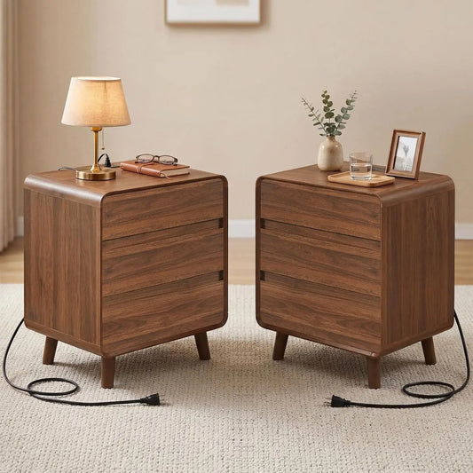 Three-Drawer Tall Nightstands Set Of Two With Charging Station