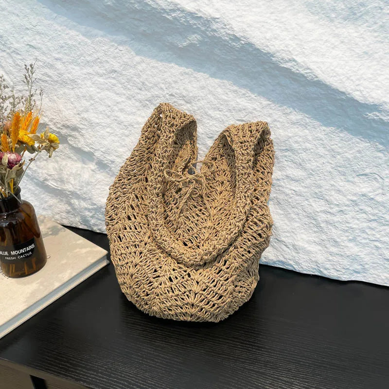 Women Straw Woven Shoulder Bag Handwoven Beach Tote Purse