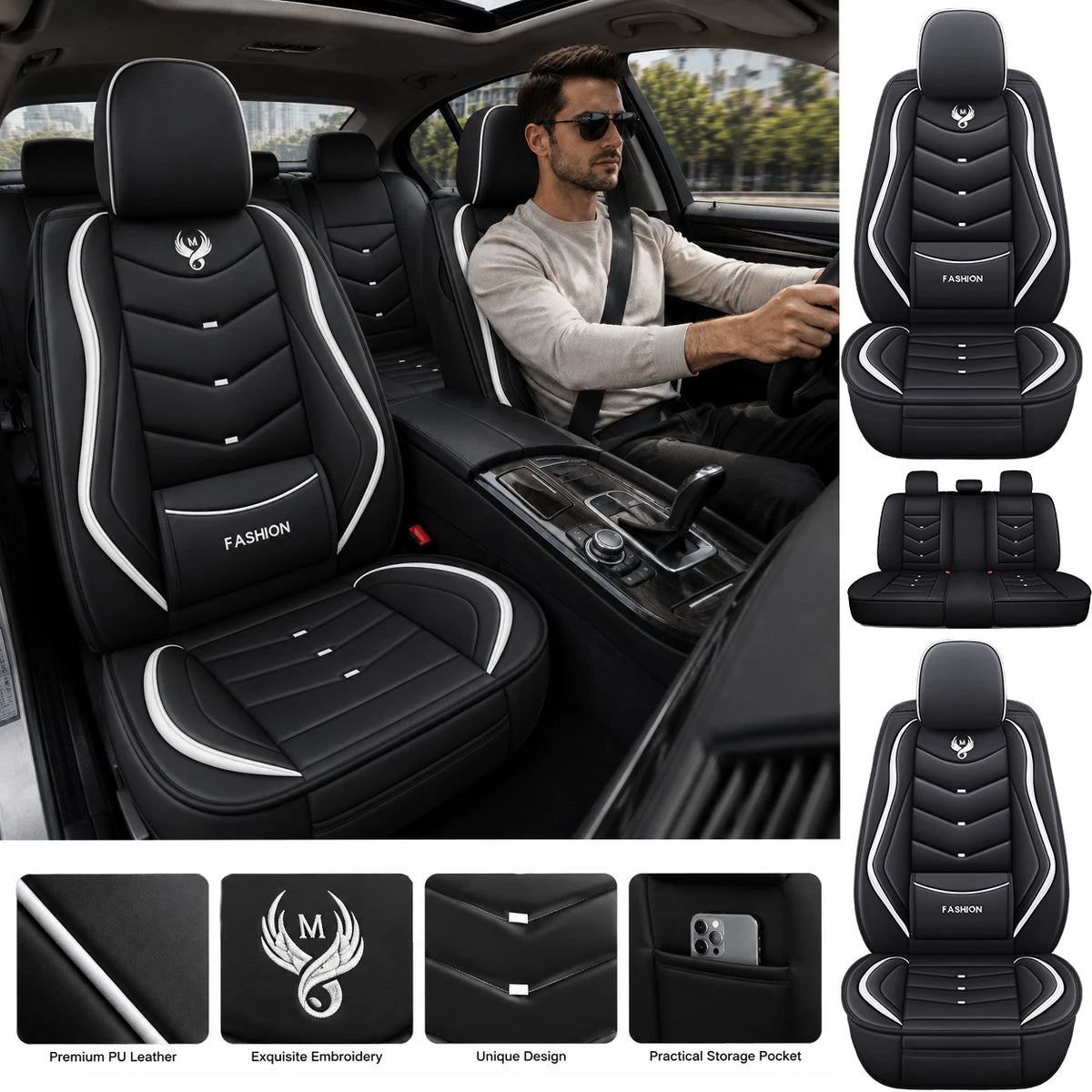 Universal Fit 5-Seat Car Seat Covers Full Set for Sedan SUV Truck PU Leather Embroidery Storage Pocket Breathable All-Weather Waterproof